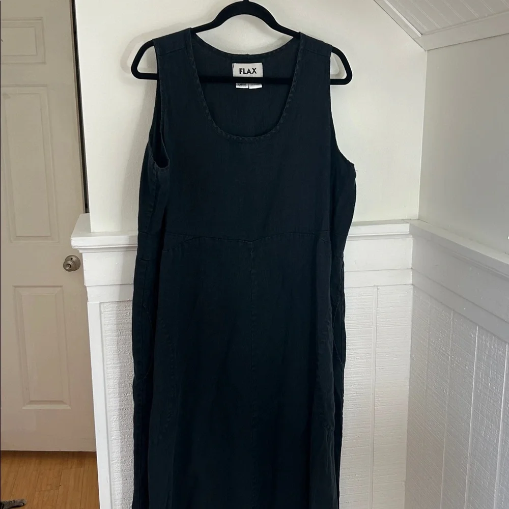 FLAX Vintage Black Linen Maxi Dress with Pockets size large - Picture 2 of 4